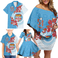 Personalised Fiji Day Family Matching Off Shoulder Short Dress and Hawaiian Shirt Fijian Tapa Pattern Mix Tagimoucia - Blue Version LT14 - Polynesian Pride