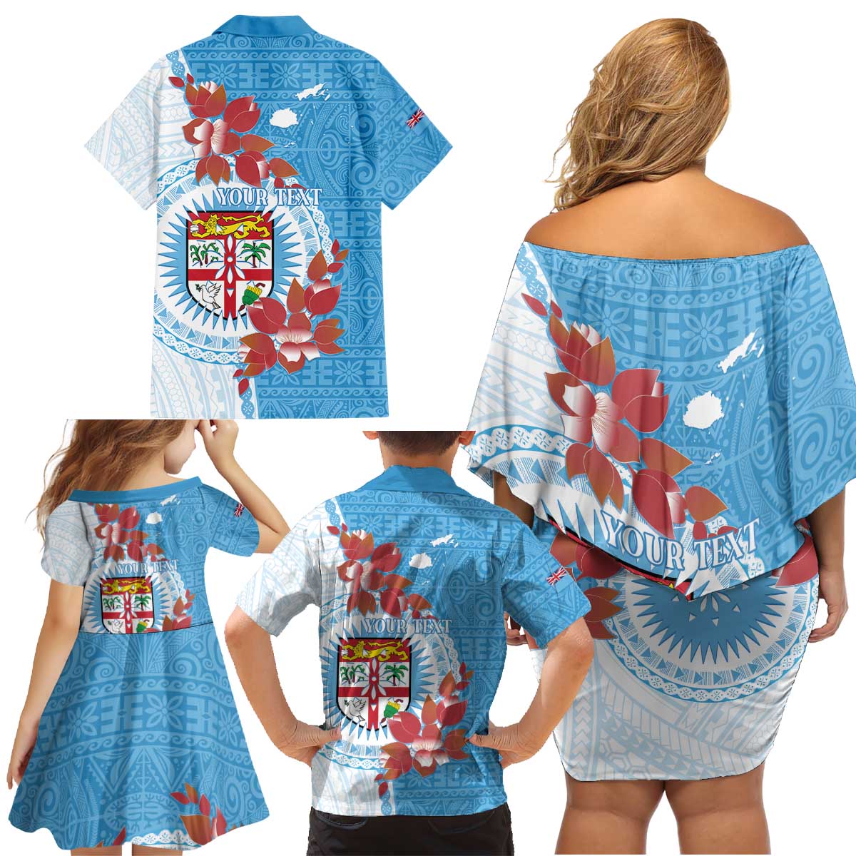 Personalised Fiji Day Family Matching Off Shoulder Short Dress and Hawaiian Shirt Fijian Tapa Pattern Mix Tagimoucia - Blue Version LT14 - Polynesian Pride