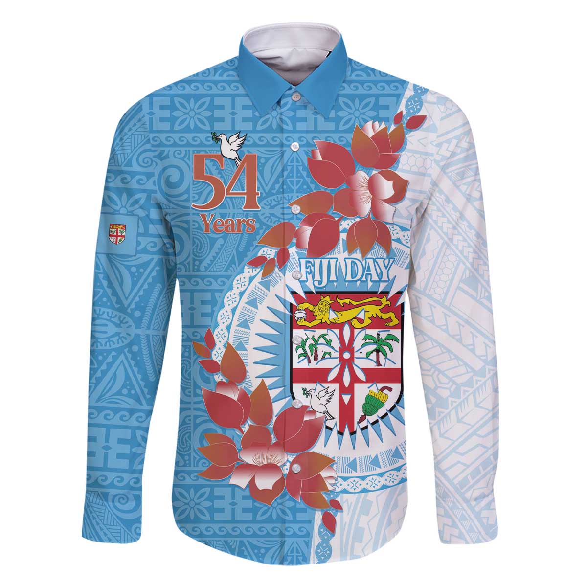 Personalised Fiji Day Family Matching Off Shoulder Short Dress and Hawaiian Shirt Fijian Tapa Pattern Mix Tagimoucia - Blue Version LT14 Dad's Shirt - Long Sleeve Blue - Polynesian Pride