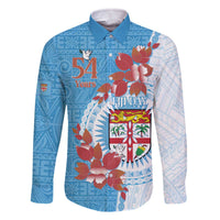 Personalised Fiji Day Family Matching Off Shoulder Short Dress and Hawaiian Shirt Fijian Tapa Pattern Mix Tagimoucia - Blue Version LT14 Dad's Shirt - Long Sleeve Blue - Polynesian Pride