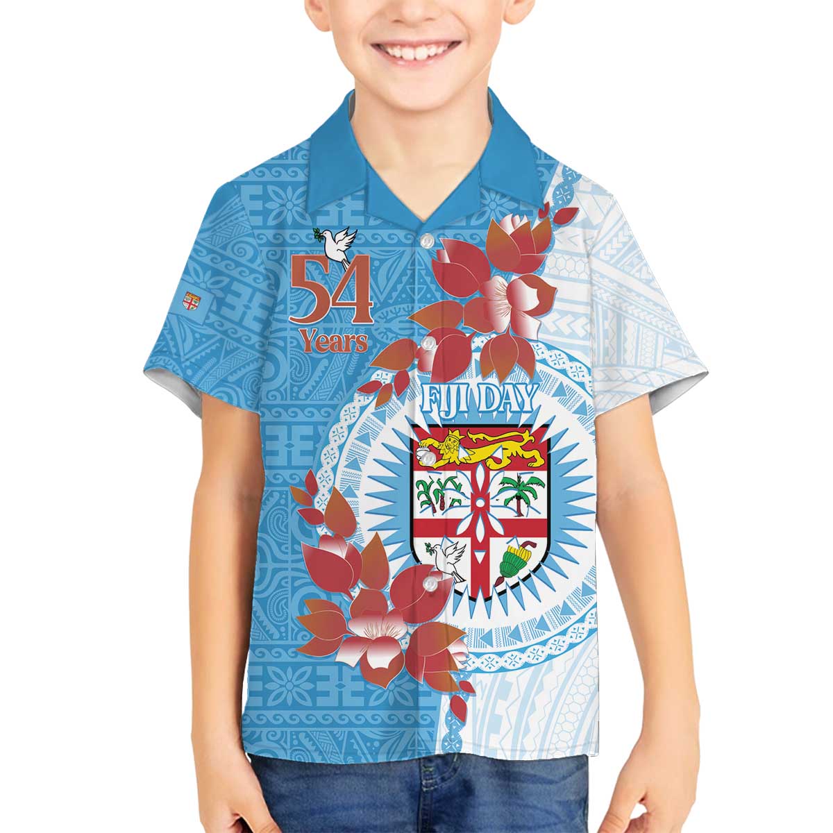 Personalised Fiji Day Family Matching Puletasi and Hawaiian Shirt Fijian Tapa Pattern Mix Tagimoucia - Blue Version LT14 Son's Shirt Blue - Polynesian Pride