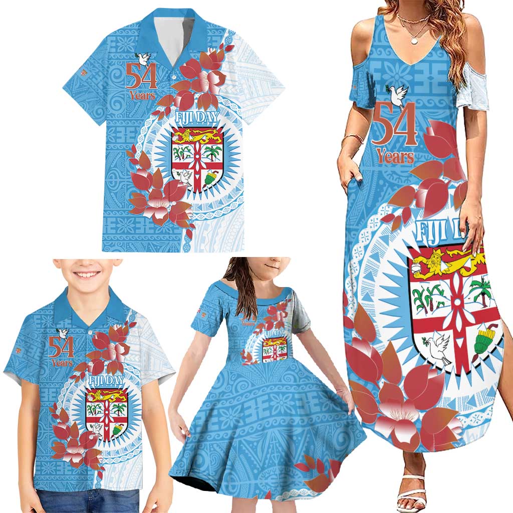Personalised Fiji Day Family Matching Summer Maxi Dress and Hawaiian Shirt Fijian Tapa Pattern Mix Tagimoucia - Blue Version LT14 - Polynesian Pride