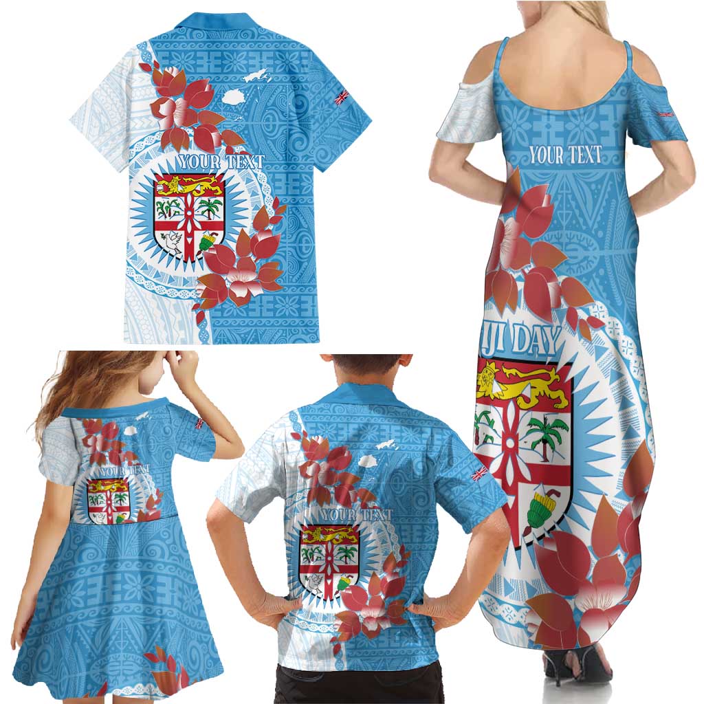 Personalised Fiji Day Family Matching Summer Maxi Dress and Hawaiian Shirt Fijian Tapa Pattern Mix Tagimoucia - Blue Version LT14 - Polynesian Pride