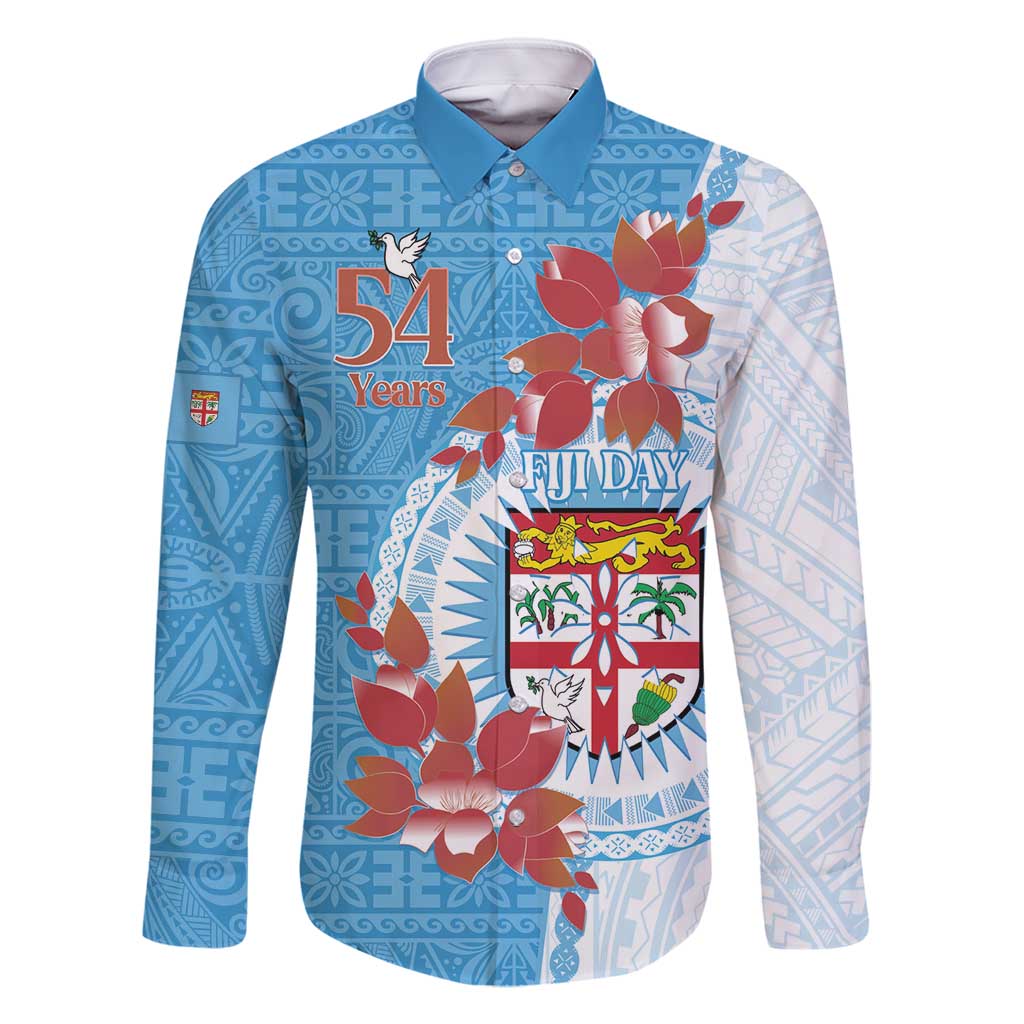 Personalised Fiji Day Family Matching Tank Maxi Dress and Hawaiian Shirt Fijian Tapa Pattern Mix Tagimoucia - Blue Version LT14 Dad's Shirt - Long Sleeve Blue - Polynesian Pride