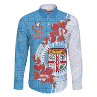 Personalised Fiji Day Family Matching Tank Maxi Dress and Hawaiian Shirt Fijian Tapa Pattern Mix Tagimoucia - Blue Version LT14 Dad's Shirt - Long Sleeve Blue - Polynesian Pride