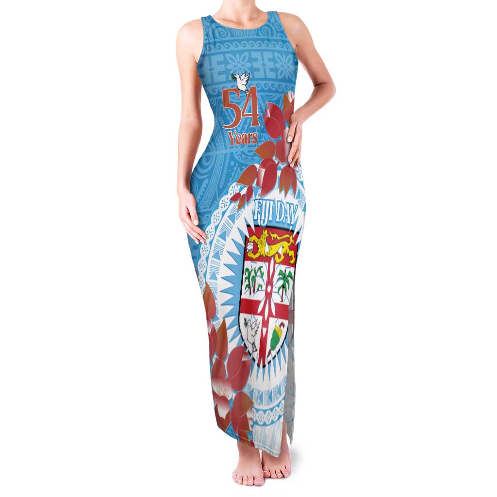 Personalised Fiji Day Family Matching Tank Maxi Dress and Hawaiian Shirt Fijian Tapa Pattern Mix Tagimoucia - Blue Version LT14 Mom's Dress Blue - Polynesian Pride