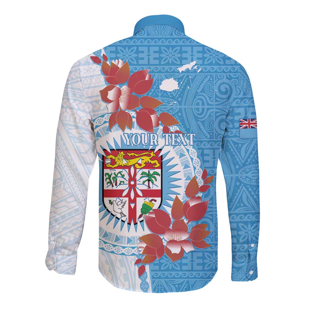 Personalised Fiji Day Long Sleeve Button Shirt Fijian Tapa Pattern Mix Tagimoucia - Blue Version LT14 - Polynesian Pride