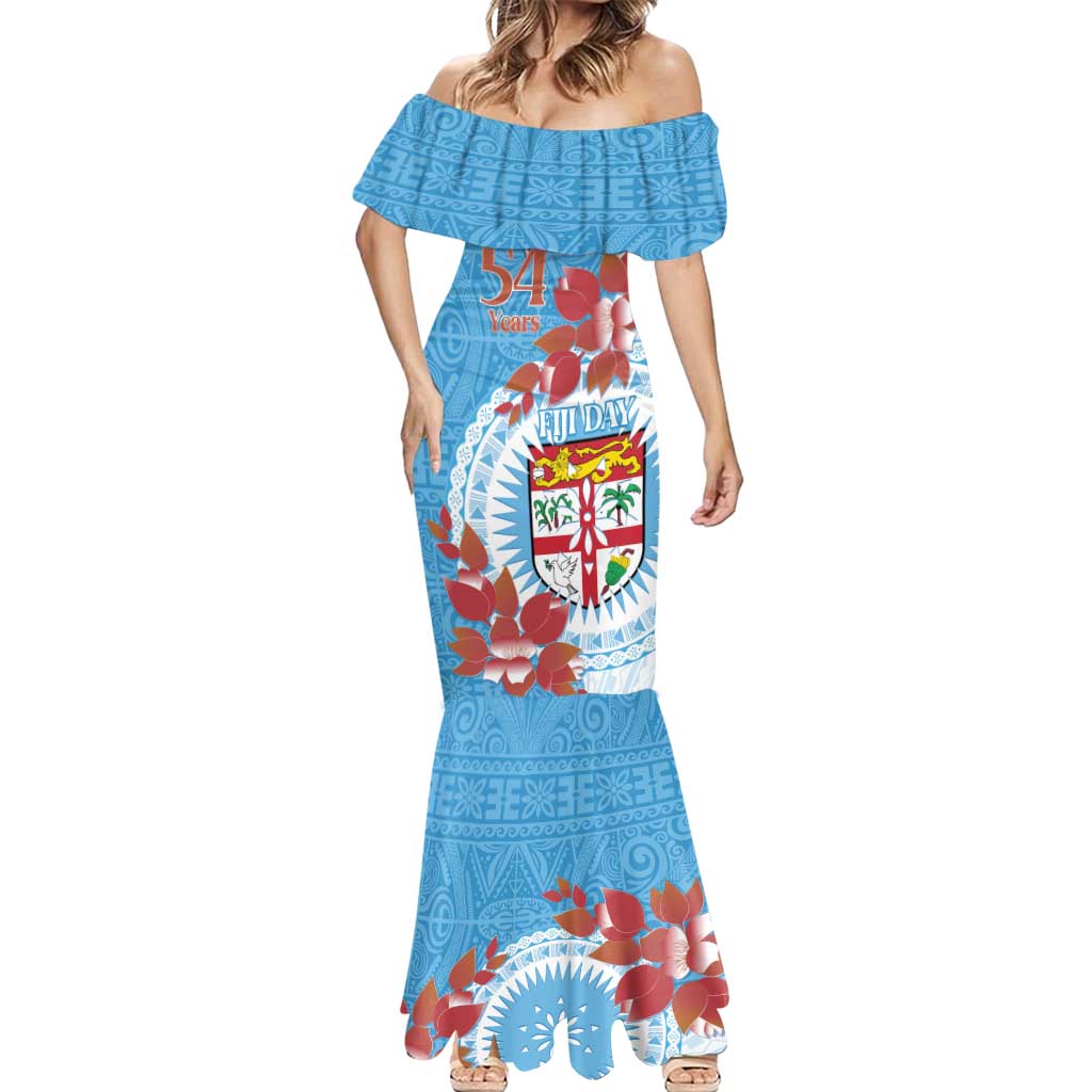Personalised Fiji Day Mermaid Dress Fijian Tapa Pattern Mix Tagimoucia - Blue Version
