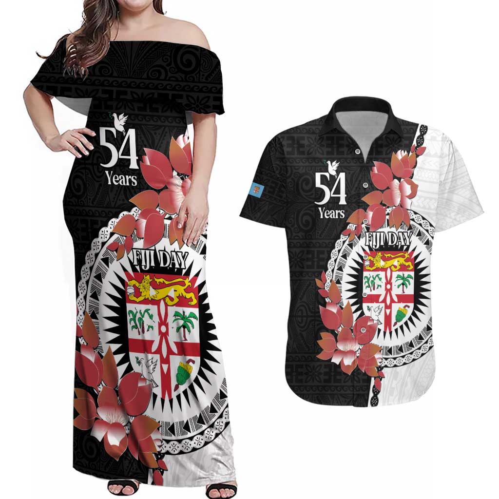 Personalised Fiji Day Couples Matching Off Shoulder Maxi Dress and Hawaiian Shirt Fijian Tapa Pattern Mix Tagimoucia - Black Version LT14 Black - Polynesian Pride