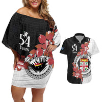Personalised Fiji Day Couples Matching Off Shoulder Short Dress and Hawaiian Shirt Fijian Tapa Pattern Mix Tagimoucia - Black Version LT14 Black - Polynesian Pride