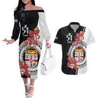 Personalised Fiji Day Couples Matching Off The Shoulder Long Sleeve Dress and Hawaiian Shirt Fijian Tapa Pattern Mix Tagimoucia - Black Version LT14 Black - Polynesian Pride