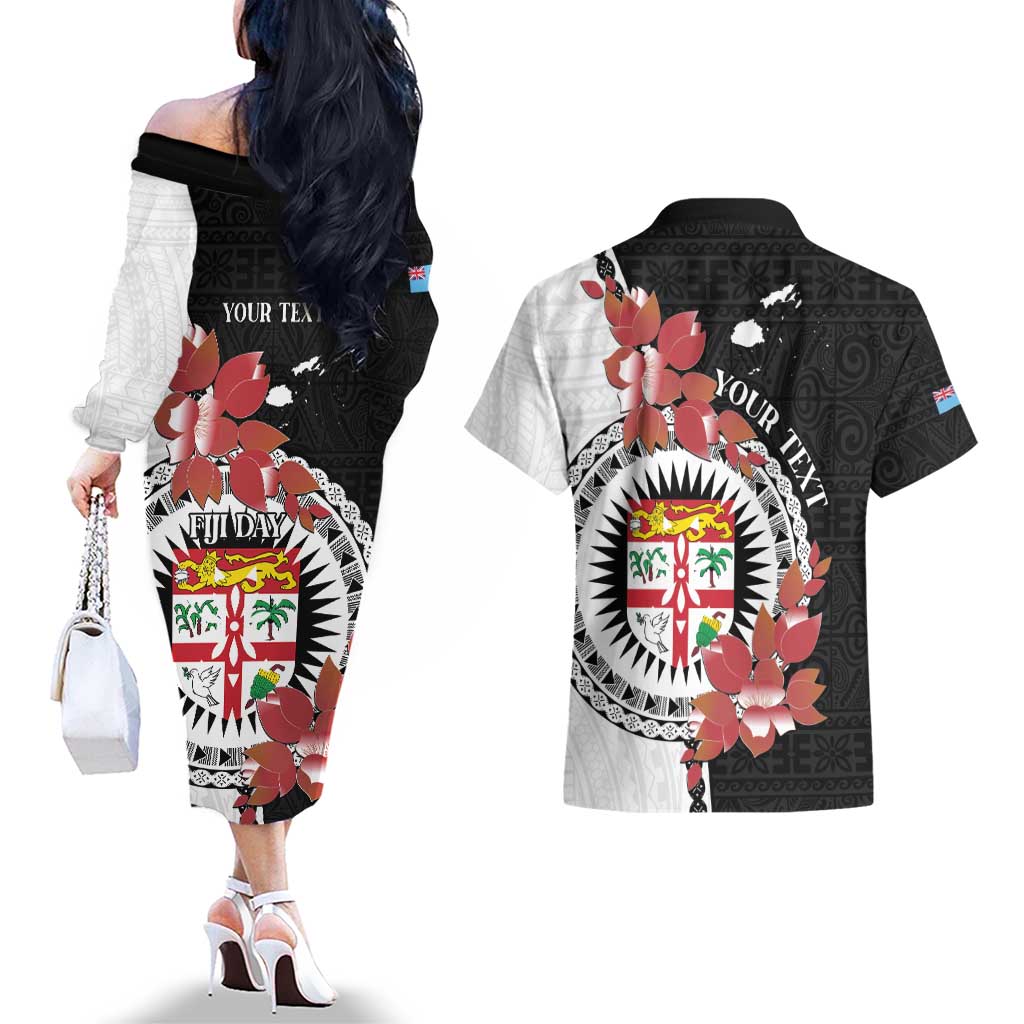Personalised Fiji Day Couples Matching Off The Shoulder Long Sleeve Dress and Hawaiian Shirt Fijian Tapa Pattern Mix Tagimoucia - Black Version LT14 - Polynesian Pride