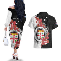 Personalised Fiji Day Couples Matching Off The Shoulder Long Sleeve Dress and Hawaiian Shirt Fijian Tapa Pattern Mix Tagimoucia - Black Version LT14 - Polynesian Pride
