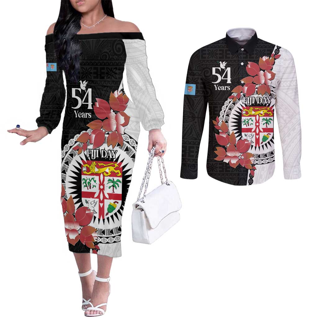Personalised Fiji Day Couples Matching Off The Shoulder Long Sleeve Dress and Long Sleeve Button Shirt Fijian Tapa Pattern Mix Tagimoucia - Black Version LT14 Black - Polynesian Pride