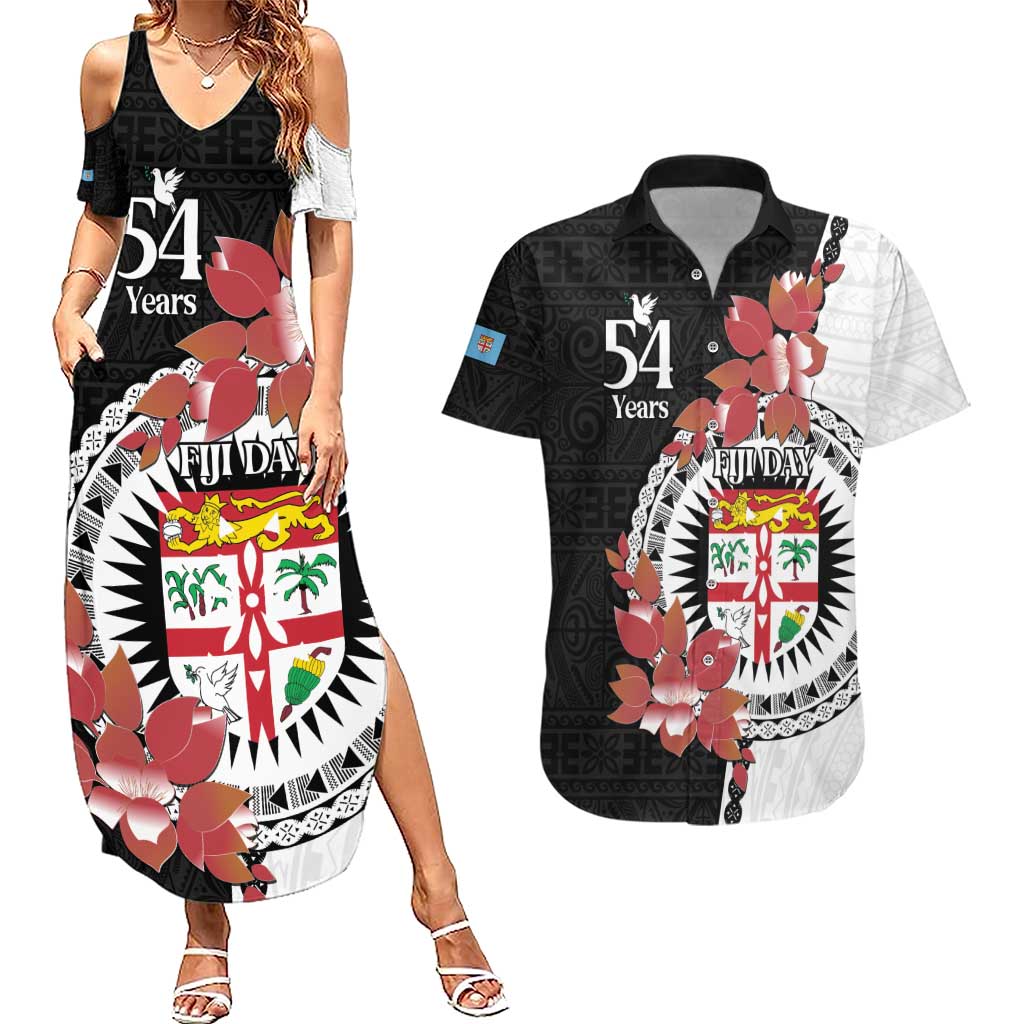 Personalised Fiji Day Couples Matching Summer Maxi Dress and Hawaiian Shirt Fijian Tapa Pattern Mix Tagimoucia - Black Version LT14 Black - Polynesian Pride