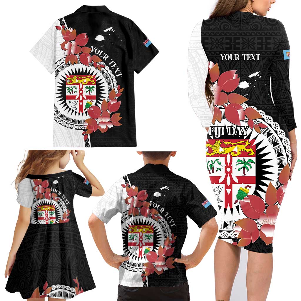 Personalised Fiji Day Family Matching Long Sleeve Bodycon Dress and Hawaiian Shirt Fijian Tapa Pattern Mix Tagimoucia - Black Version LT14 - Polynesian Pride