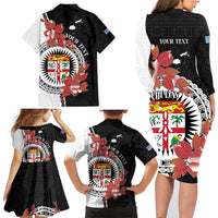 Personalised Fiji Day Family Matching Long Sleeve Bodycon Dress and Hawaiian Shirt Fijian Tapa Pattern Mix Tagimoucia - Black Version LT14 - Polynesian Pride