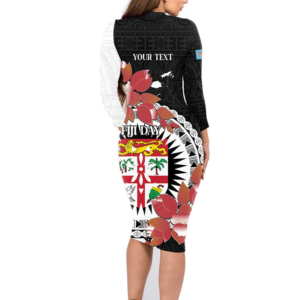 Personalised Fiji Day Family Matching Long Sleeve Bodycon Dress and Hawaiian Shirt Fijian Tapa Pattern Mix Tagimoucia - Black Version LT14 - Polynesian Pride