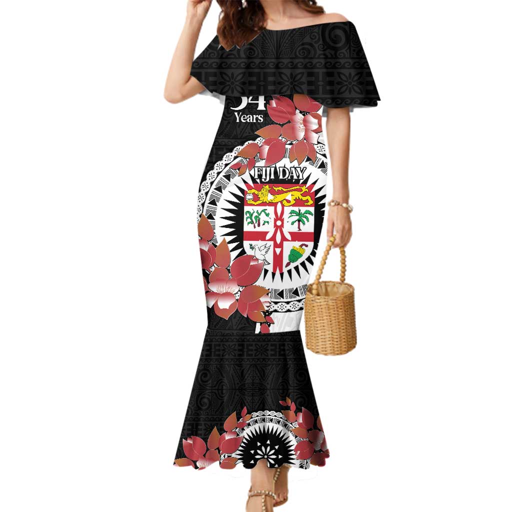 Personalised Fiji Day Family Matching Mermaid Dress and Hawaiian Shirt Fijian Tapa Pattern Mix Tagimoucia - Black Version LT14 Mom's Dress Black - Polynesian Pride