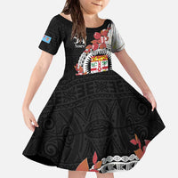 Personalised Fiji Day Family Matching Off The Shoulder Long Sleeve Dress and Hawaiian Shirt Fijian Tapa Pattern Mix Tagimoucia - Black Version LT14 Daughter's Dress Black - Polynesian Pride