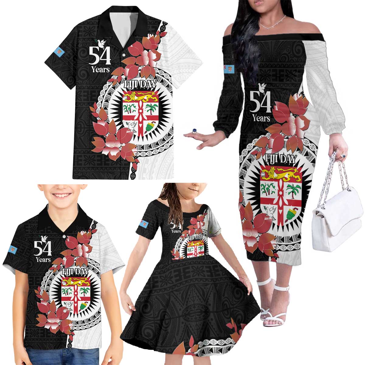 Personalised Fiji Day Family Matching Off The Shoulder Long Sleeve Dress and Hawaiian Shirt Fijian Tapa Pattern Mix Tagimoucia - Black Version LT14 - Polynesian Pride