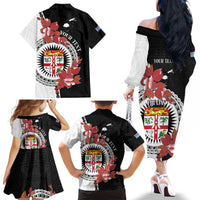 Personalised Fiji Day Family Matching Off The Shoulder Long Sleeve Dress and Hawaiian Shirt Fijian Tapa Pattern Mix Tagimoucia - Black Version LT14 - Polynesian Pride