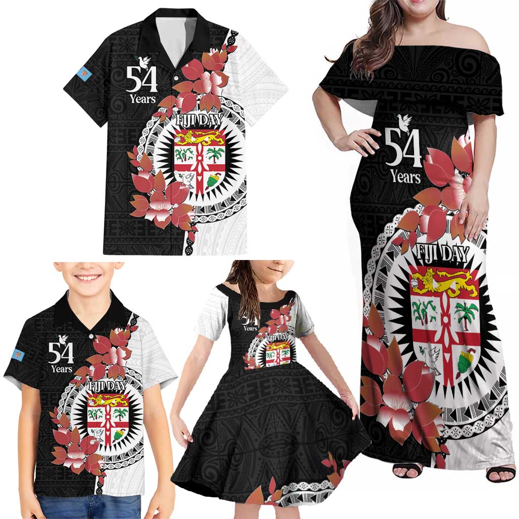 Personalised Fiji Day Family Matching Off Shoulder Maxi Dress and Hawaiian Shirt Fijian Tapa Pattern Mix Tagimoucia - Black Version LT14 - Polynesian Pride