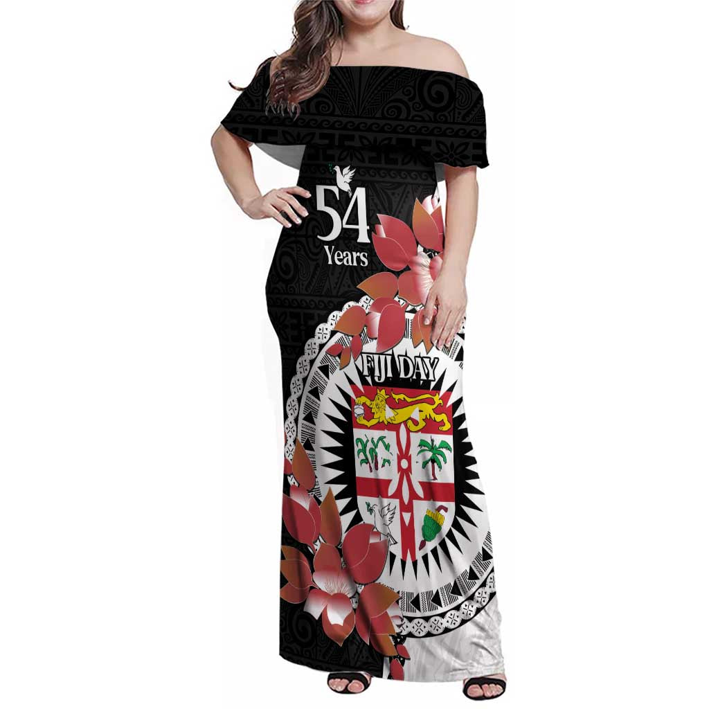 Personalised Fiji Day Family Matching Off Shoulder Maxi Dress and Hawaiian Shirt Fijian Tapa Pattern Mix Tagimoucia - Black Version LT14 Mom's Dress Black - Polynesian Pride
