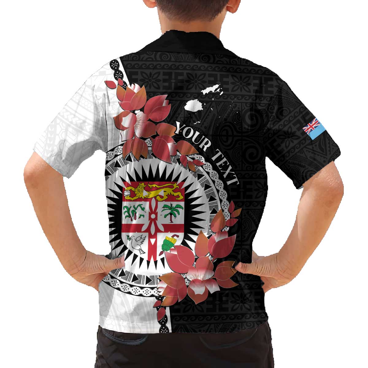 Personalised Fiji Day Family Matching Off Shoulder Short Dress and Hawaiian Shirt Fijian Tapa Pattern Mix Tagimoucia - Black Version LT14 - Polynesian Pride