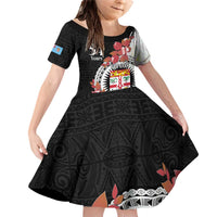 Personalised Fiji Day Family Matching Off Shoulder Short Dress and Hawaiian Shirt Fijian Tapa Pattern Mix Tagimoucia - Black Version LT14 Daughter's Dress Black - Polynesian Pride