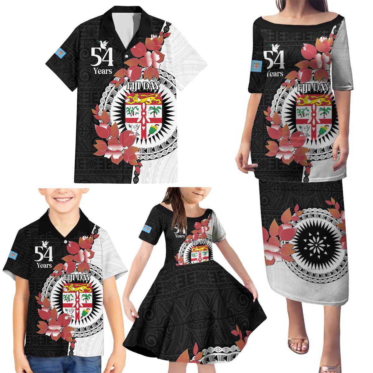 Personalised Fiji Day Family Matching Puletasi and Hawaiian Shirt Fijian Tapa Pattern Mix Tagimoucia - Black Version LT14 - Polynesian Pride