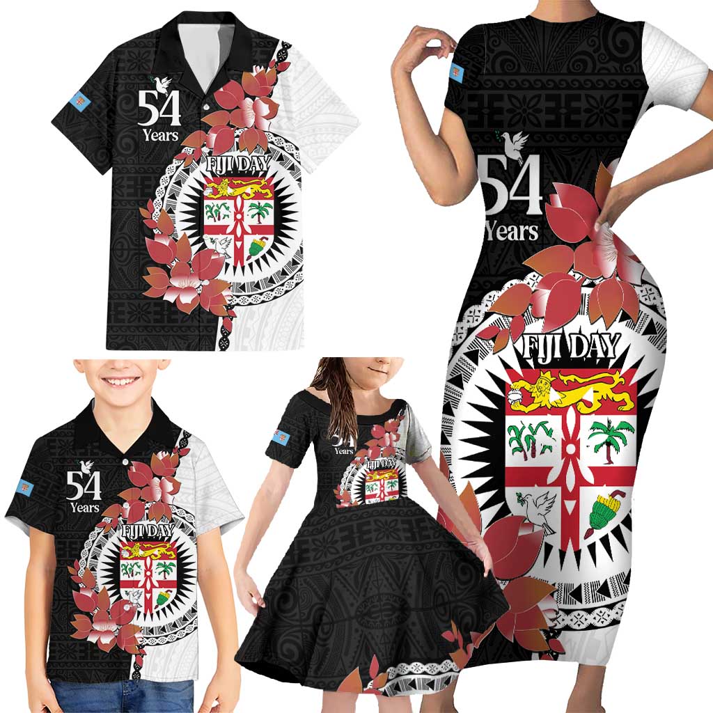 Personalised Fiji Day Family Matching Short Sleeve Bodycon Dress and Hawaiian Shirt Fijian Tapa Pattern Mix Tagimoucia - Black Version LT14 - Polynesian Pride