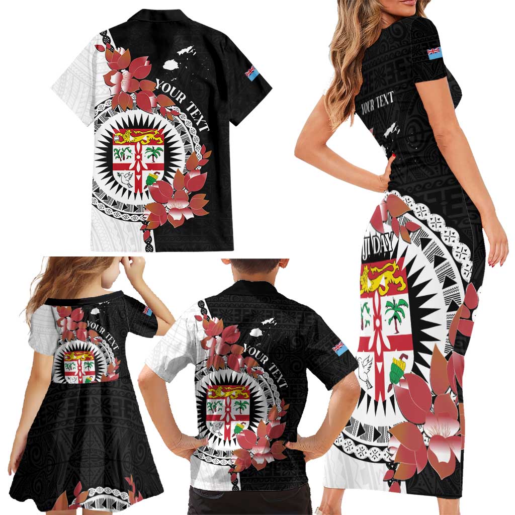Personalised Fiji Day Family Matching Short Sleeve Bodycon Dress and Hawaiian Shirt Fijian Tapa Pattern Mix Tagimoucia - Black Version LT14 - Polynesian Pride