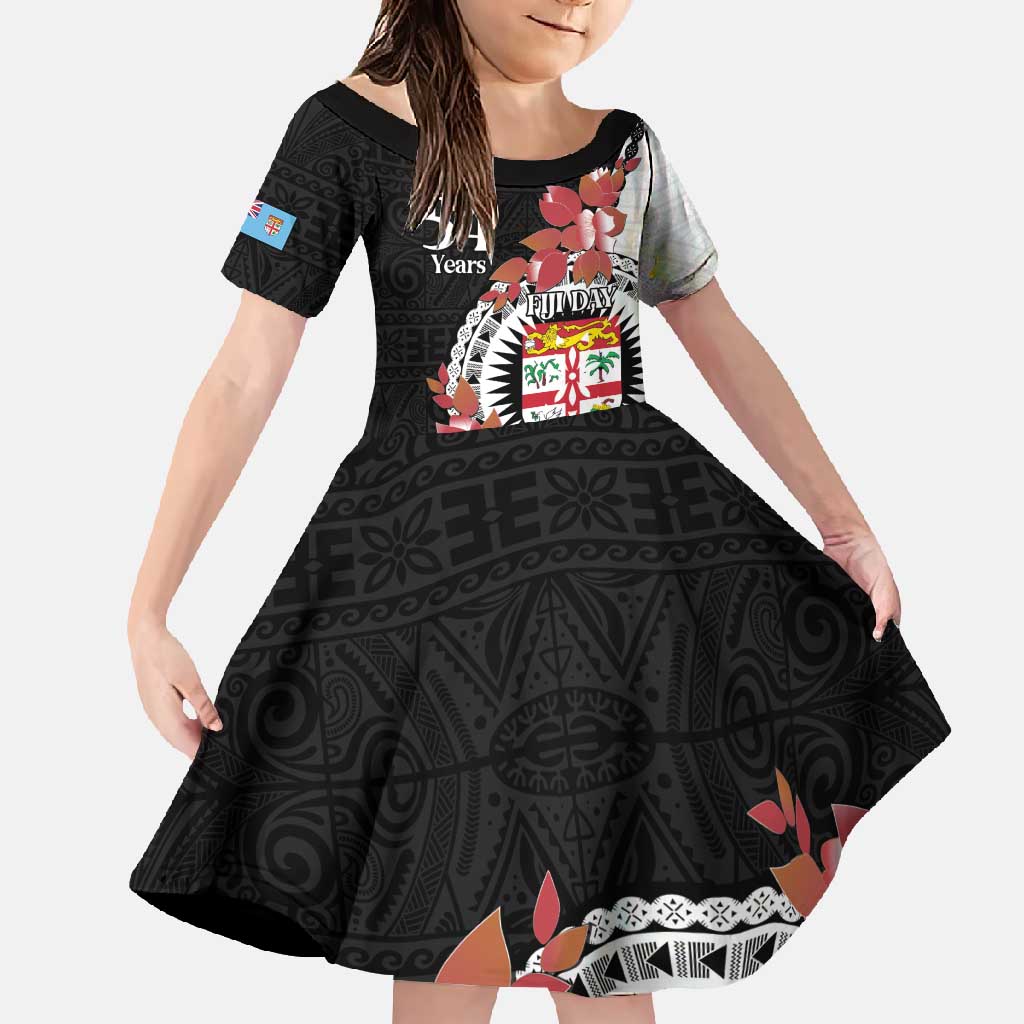 Personalised Fiji Day Family Matching Summer Maxi Dress and Hawaiian Shirt Fijian Tapa Pattern Mix Tagimoucia - Black Version LT14 Daughter's Dress Black - Polynesian Pride