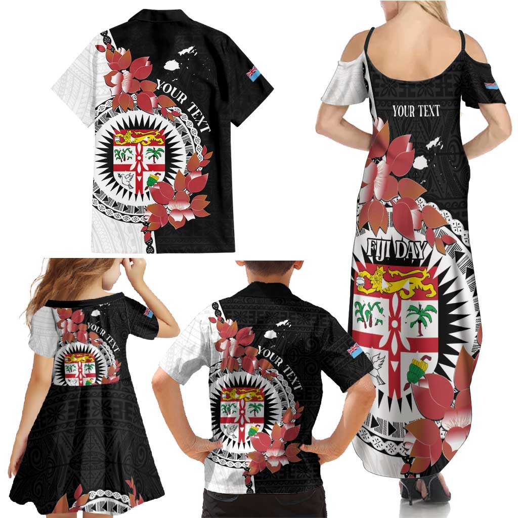 Personalised Fiji Day Family Matching Summer Maxi Dress and Hawaiian Shirt Fijian Tapa Pattern Mix Tagimoucia - Black Version LT14 - Polynesian Pride