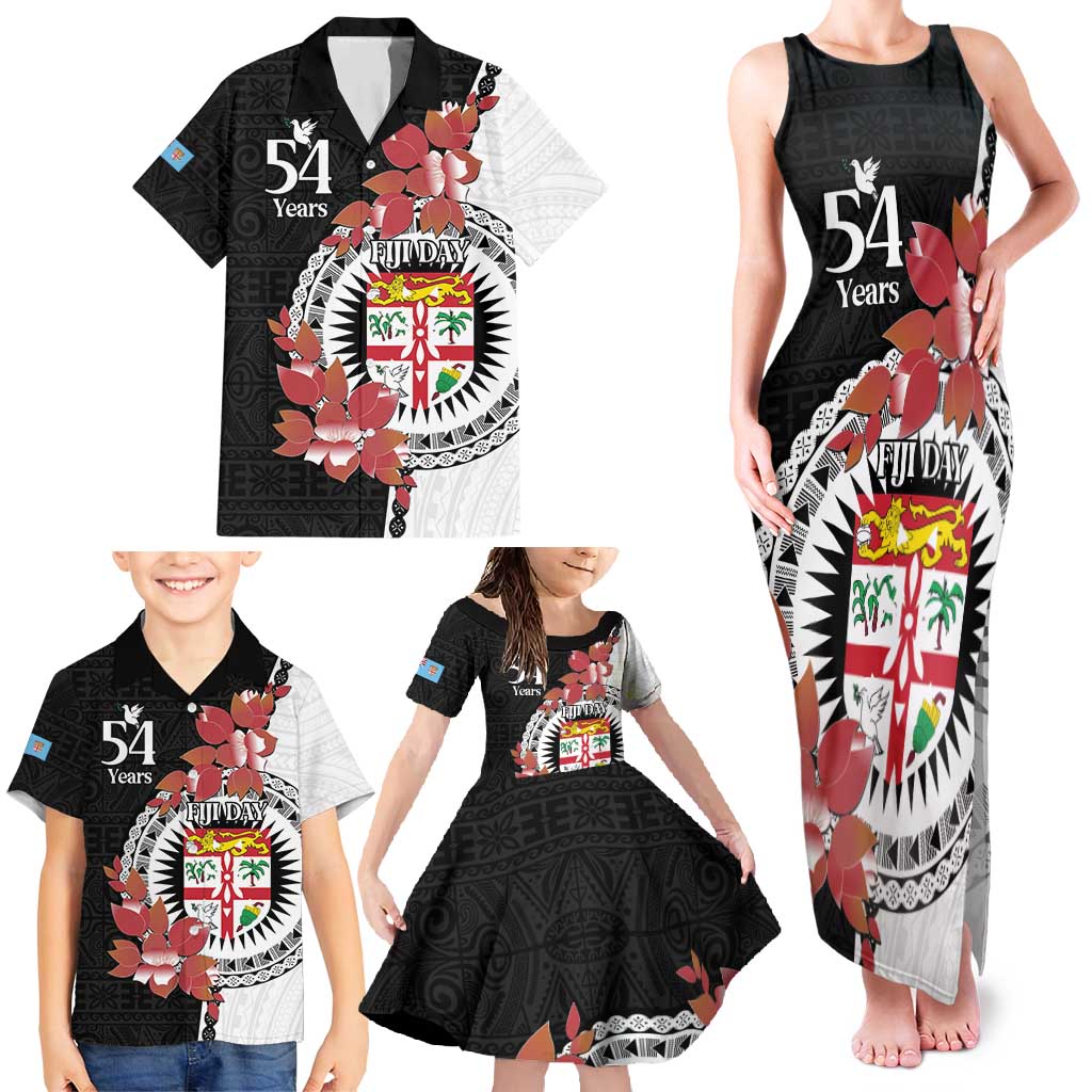 Personalised Fiji Day Family Matching Tank Maxi Dress and Hawaiian Shirt Fijian Tapa Pattern Mix Tagimoucia - Black Version LT14 - Polynesian Pride