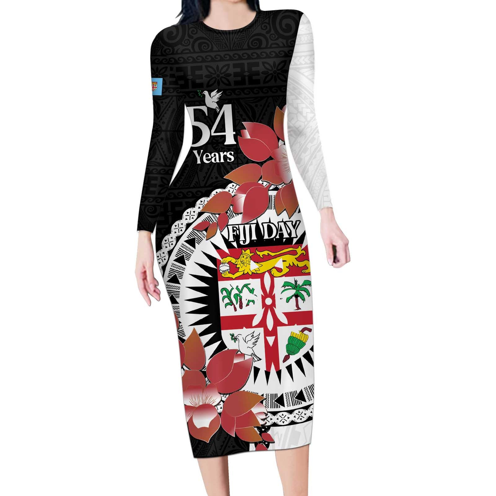 Personalised Fiji Day Long Sleeve Bodycon Dress Fijian Tapa Pattern Mix Tagimoucia - Black Version