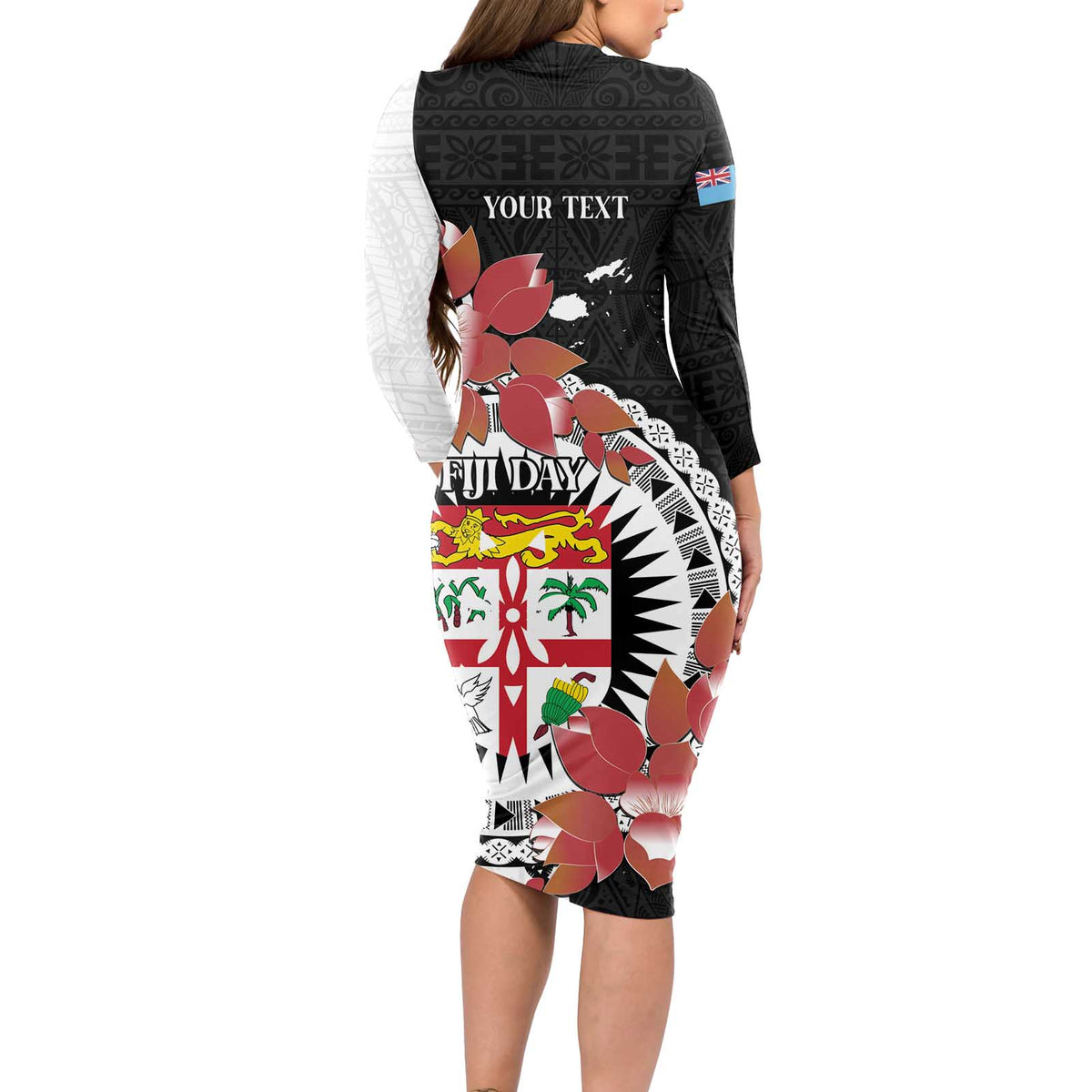 Personalised Fiji Day Long Sleeve Bodycon Dress Fijian Tapa Pattern Mix Tagimoucia - Black Version