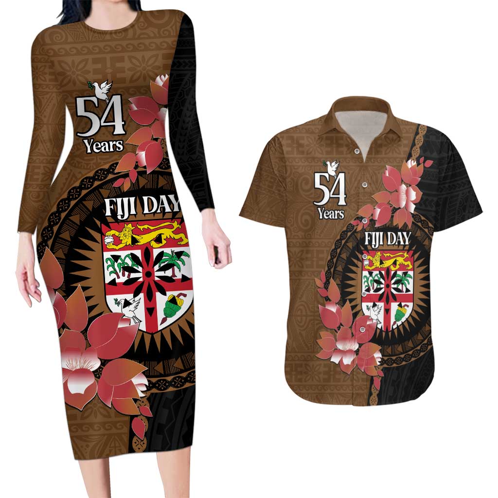 Personalised Fiji Day Couples Matching Long Sleeve Bodycon Dress and Hawaiian Shirt Fijian Tapa Pattern Mix Tagimoucia - Brown Version LT14 Brown - Polynesian Pride