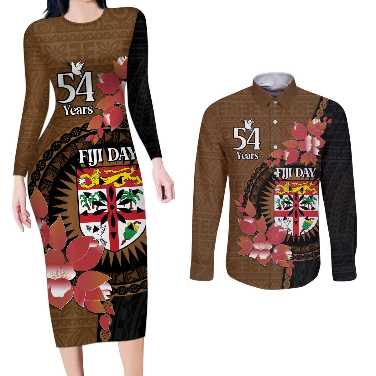 Personalised Fiji Day Couples Matching Long Sleeve Bodycon Dress and Long Sleeve Button Shirt Fijian Tapa Pattern Mix Tagimoucia - Brown Version LT14 Brown - Polynesian Pride