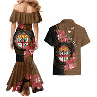 Personalised Fiji Day Couples Matching Mermaid Dress and Hawaiian Shirt Fijian Tapa Pattern Mix Tagimoucia - Brown Version LT14 - Polynesian Pride