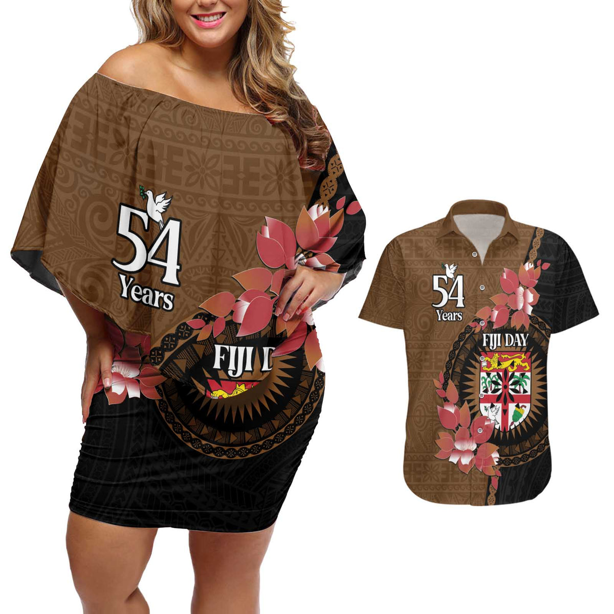 Personalised Fiji Day Couples Matching Off Shoulder Short Dress and Hawaiian Shirt Fijian Tapa Pattern Mix Tagimoucia - Brown Version LT14 Brown - Polynesian Pride