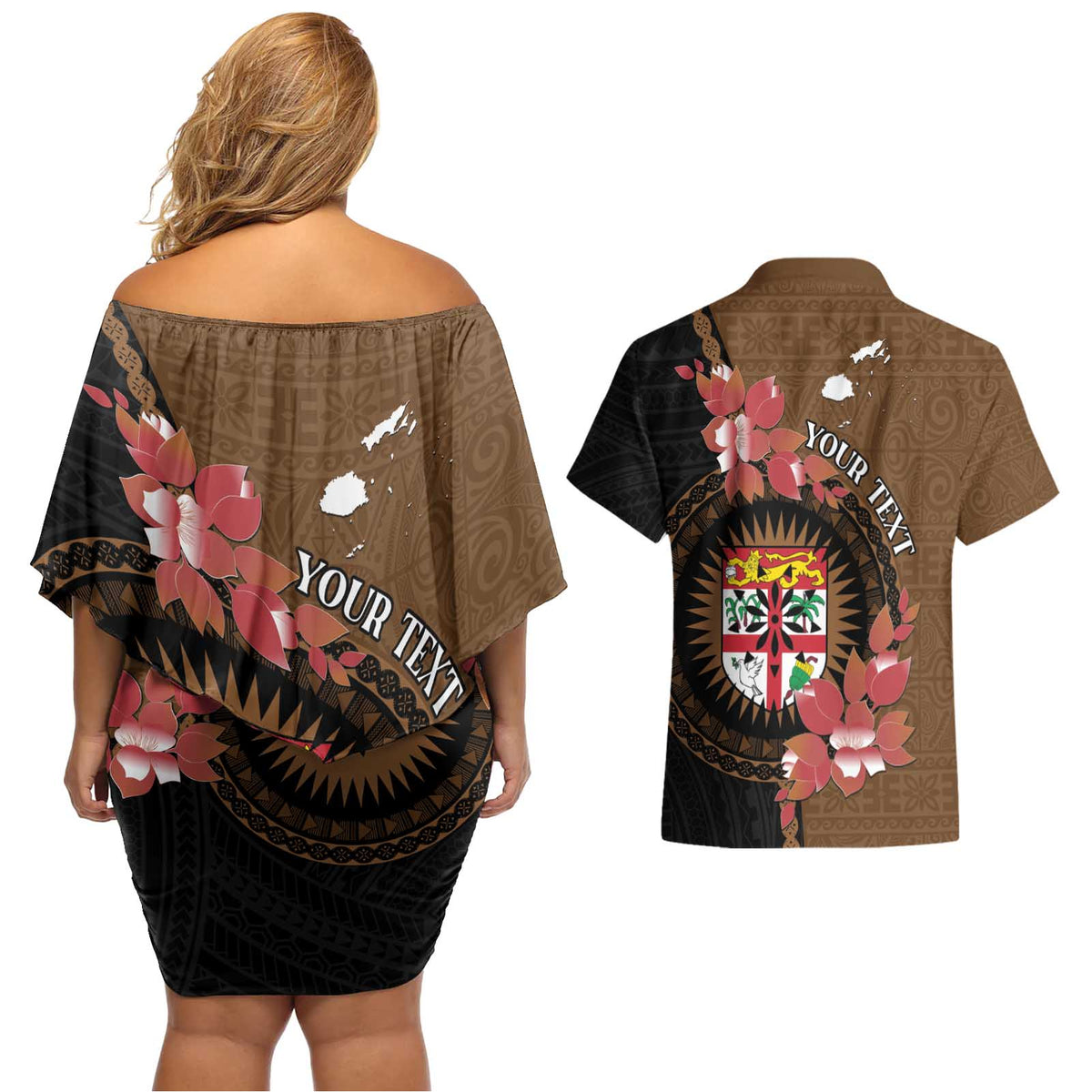 Personalised Fiji Day Couples Matching Off Shoulder Short Dress and Hawaiian Shirt Fijian Tapa Pattern Mix Tagimoucia - Brown Version LT14 - Polynesian Pride