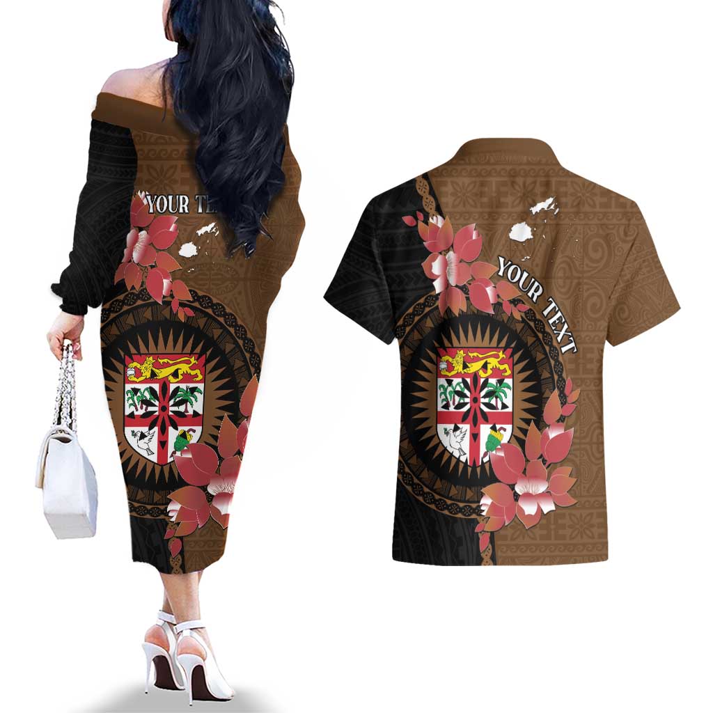 Personalised Fiji Day Couples Matching Off The Shoulder Long Sleeve Dress and Hawaiian Shirt Fijian Tapa Pattern Mix Tagimoucia - Brown Version LT14 - Polynesian Pride