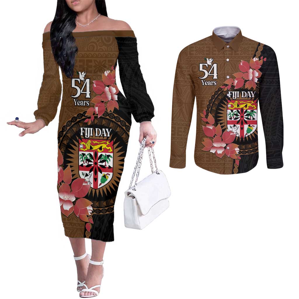 Personalised Fiji Day Couples Matching Off The Shoulder Long Sleeve Dress and Long Sleeve Button Shirt Fijian Tapa Pattern Mix Tagimoucia - Brown Version LT14 Brown - Polynesian Pride