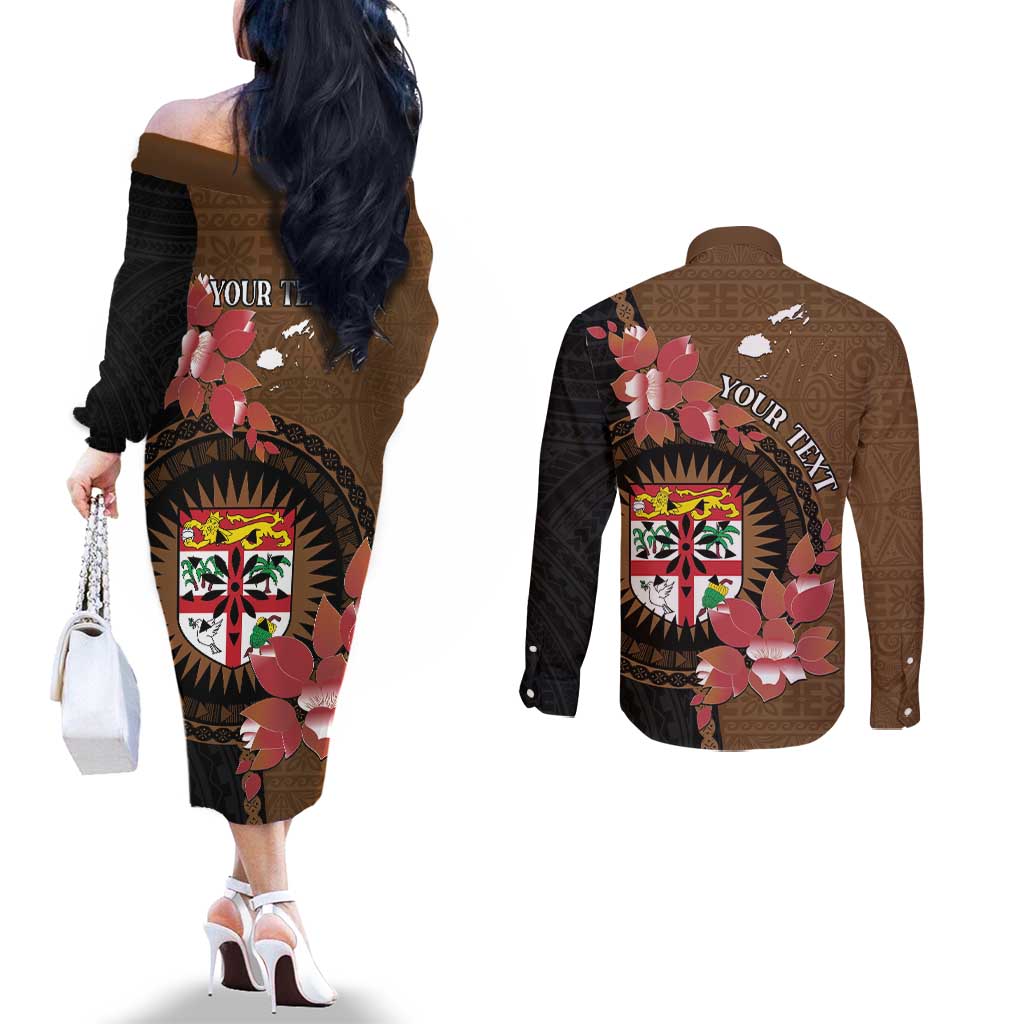 Personalised Fiji Day Couples Matching Off The Shoulder Long Sleeve Dress and Long Sleeve Button Shirt Fijian Tapa Pattern Mix Tagimoucia - Brown Version LT14 - Polynesian Pride