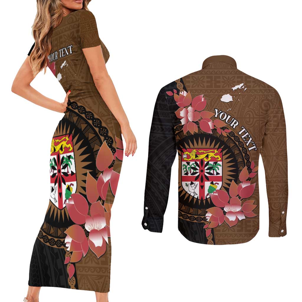 Personalised Fiji Day Couples Matching Short Sleeve Bodycon Dress and Long Sleeve Button Shirt Fijian Tapa Pattern Mix Tagimoucia - Brown Version LT14 - Polynesian Pride