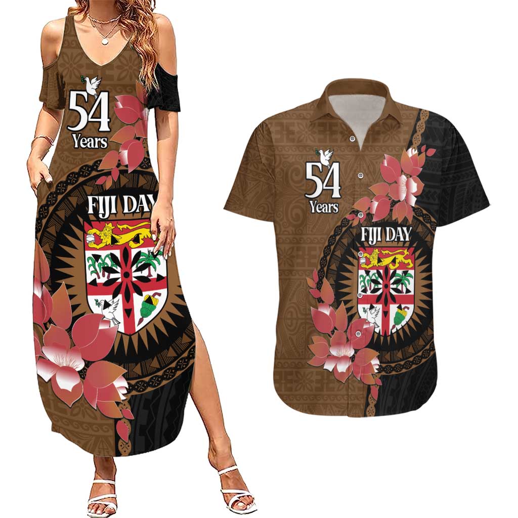 Personalised Fiji Day Couples Matching Summer Maxi Dress and Hawaiian Shirt Fijian Tapa Pattern Mix Tagimoucia - Brown Version LT14 Brown - Polynesian Pride