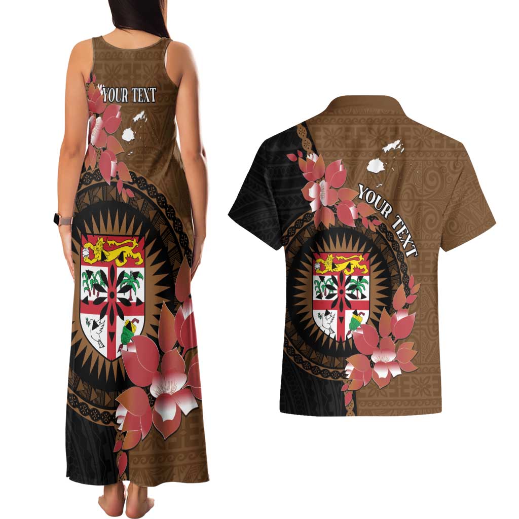 Personalised Fiji Day Couples Matching Tank Maxi Dress and Hawaiian Shirt Fijian Tapa Pattern Mix Tagimoucia - Brown Version LT14 - Polynesian Pride