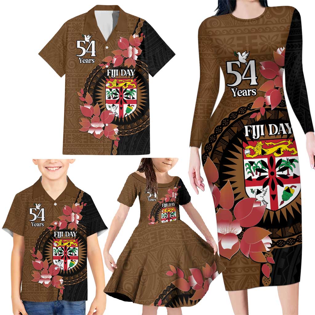Personalised Fiji Day Family Matching Long Sleeve Bodycon Dress and Hawaiian Shirt Fijian Tapa Pattern Mix Tagimoucia - Brown Version LT14 - Polynesian Pride